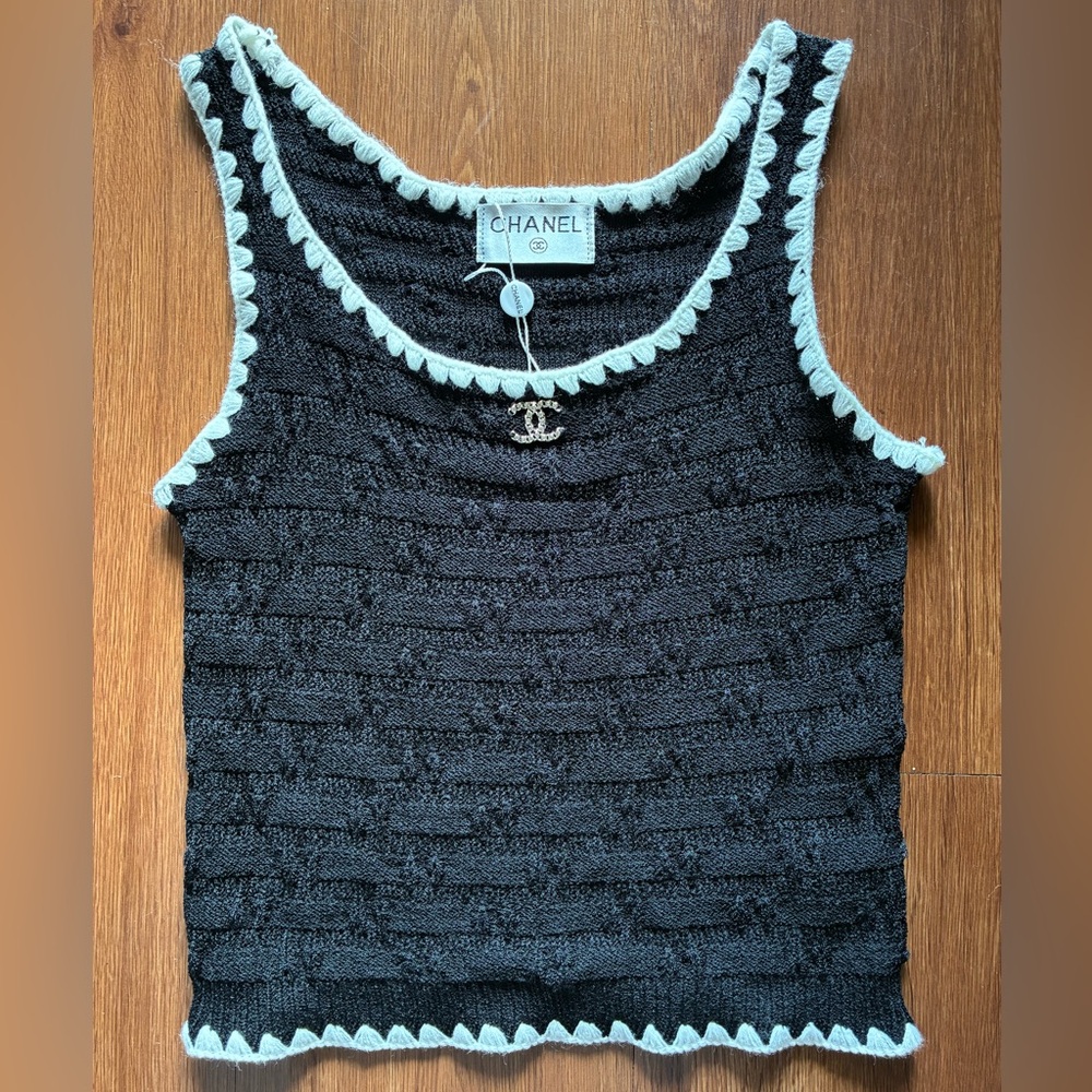 Chanel Black Tweed CC Logo Knit Tank Top